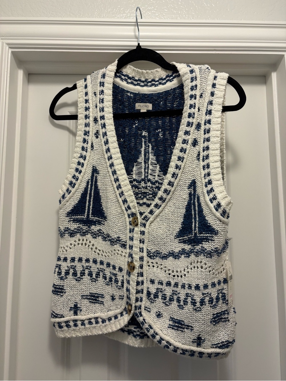 Pilcro Navy and White Open-Weave Knit Vest